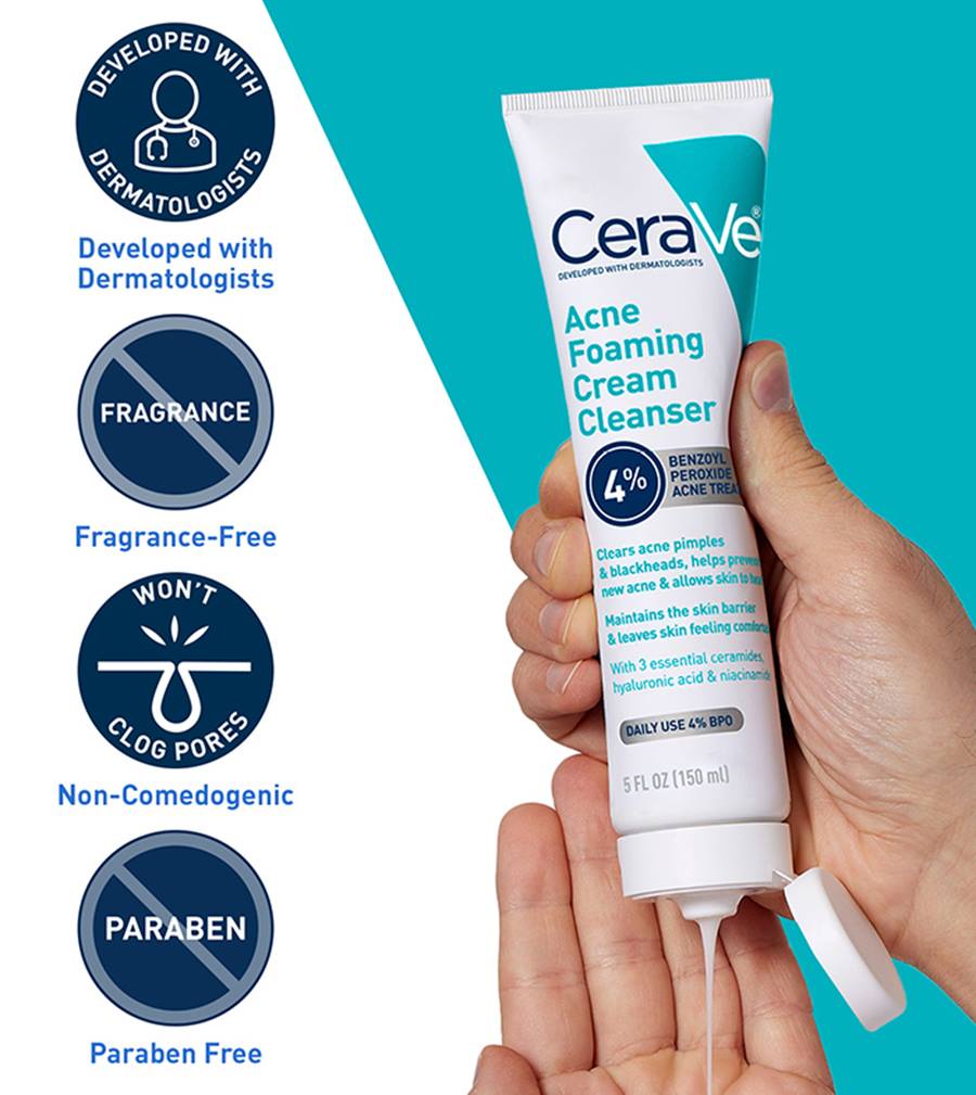 CeraVe Acne Foaming Cream Cleanser – 4% Benzoyl Peroxide Treatment [120ml]