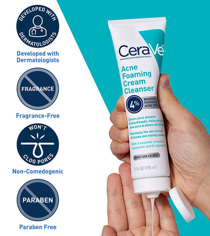 CeraVe Acne Foaming Cream Cleanser – 4% Benzoyl Peroxide Treatment [120ml]